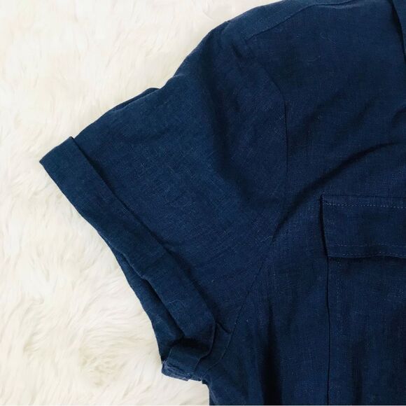 Navy Blue 100% Linen Short Sleeve Button Front Dress Classic Midi Size Large New - Picture 4 of 12
